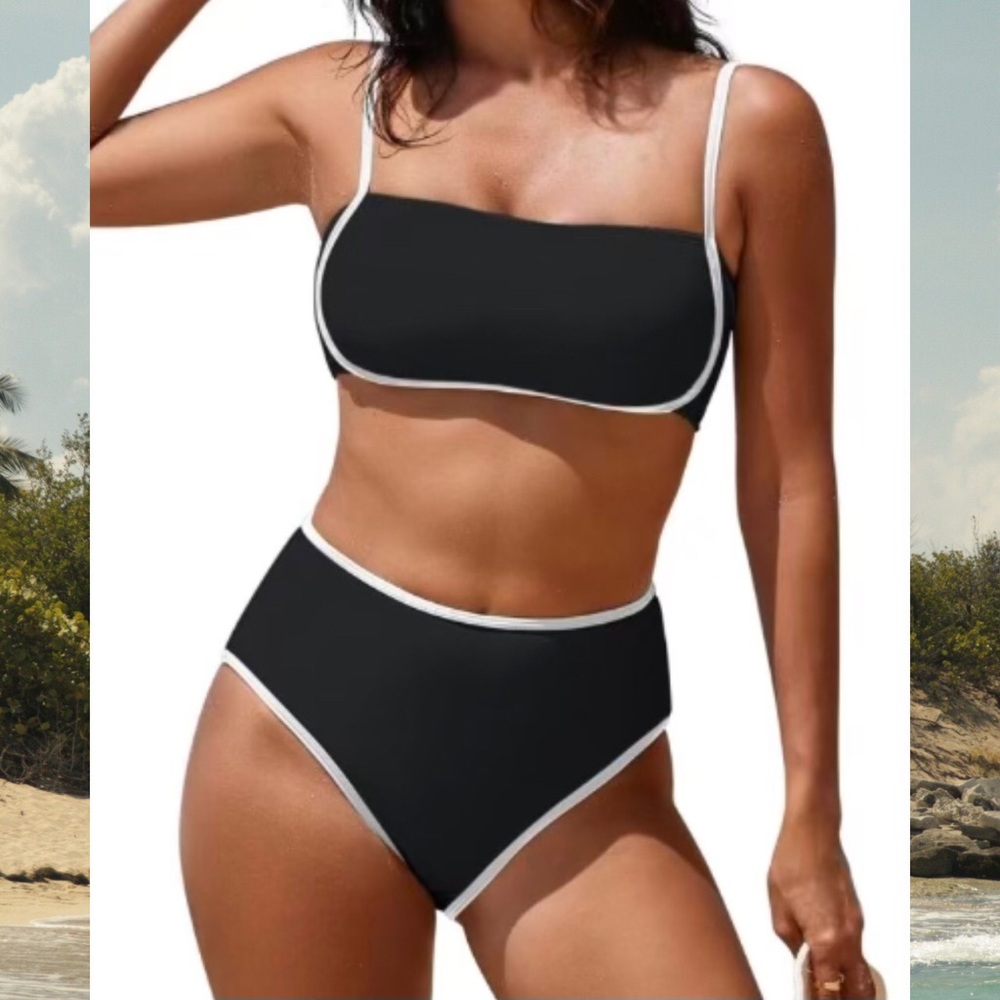 High-Waist Black Bikini with White Trim - Women Swim